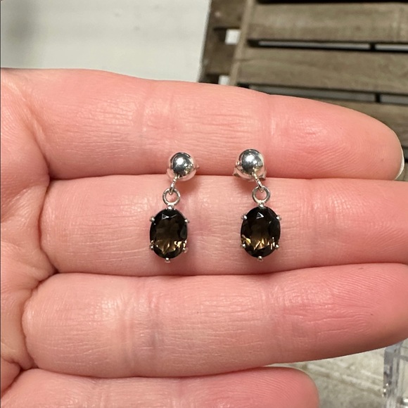 925 sterling silver great shape smoky quartz brown faceted crystal drop earrings - Picture 5 of 6